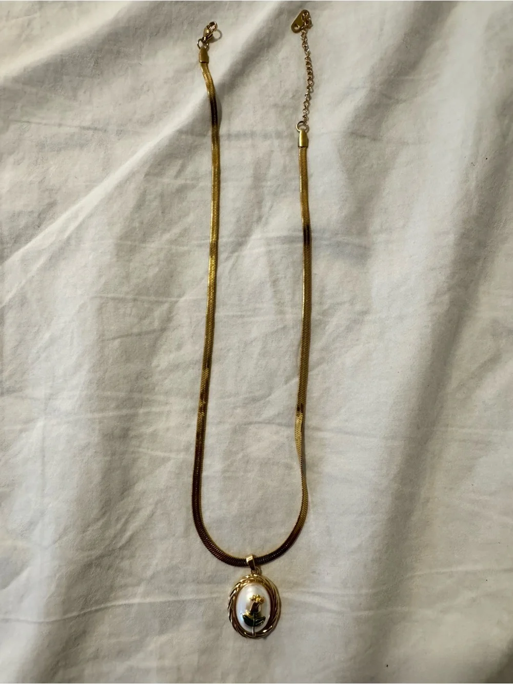 Gold-Tone Rose Pendant Necklace with White Enamel Accent - Green Leaf Detail